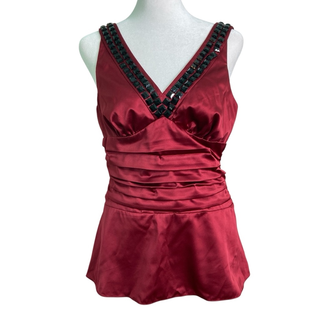 The Limited Babydoll V-neck Tank Top Satin Ruched Beaded Burgundy Wine (Size M)